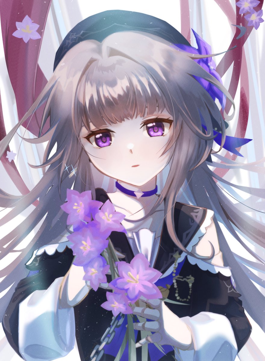 1girl flower purple eyes solo long hair purple flower hat  illustration images