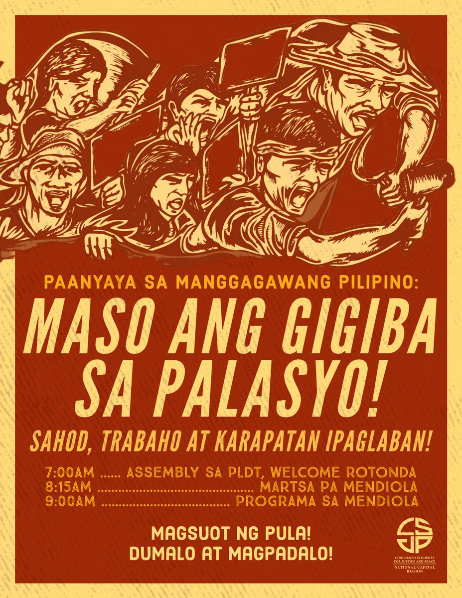 CSJPNCR's tweet photo. MASO ANG GIGIBA SA PALASYO!

Bukas, Mayo Uno, inaanyayahan ang lahat na kumilos at makiisa sa pagpapanawagan ng umento sa sahod, trabaho at paggalang sa karapatan ng mga manggagawa! https://t.co/zKkKtRx77H