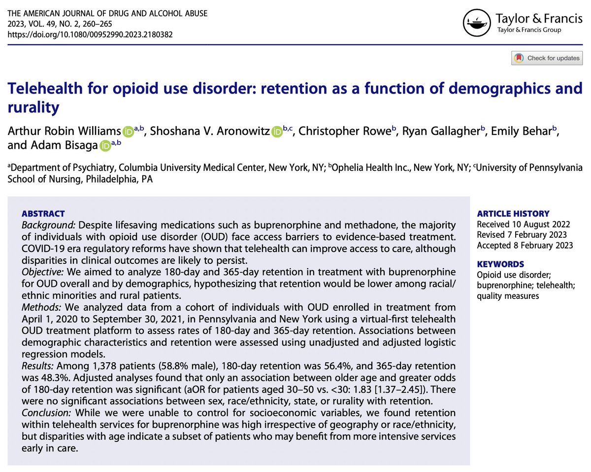 AJDAAJournal's tweet photo. Telehealth for opioid use disorder: retention as a function of demographics & rurality
Arthur Robin Williams, @ShoshiAronowitz, Christopher Rowe, R Gallagher, @EmBehar, @BisagaMD
→ https://t.co/X2RYSWGDom
#OpioidUseDisorder #Buprenorphine #Telehealth #Treatment #Opioids #Bupe https://t.co/VY1SoKgbUi