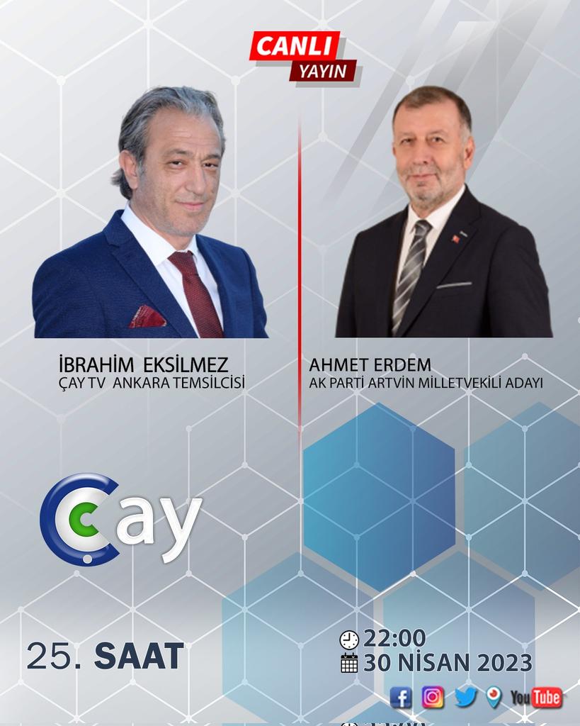 AKPartiArtvin's tweet photo. Milletvekili Adayımız sayın  Ahmet ERDEM bugün ÇAY tv ekranlarında saat 22.00 da siz değerli hemşerimizle buluşuyor. İyi seyirler dileriz.
#AKParti 
#DoğruAdımlarlaYolaDevam 
#doğruzamandoğruadam https://t.co/TeA77rhegg
