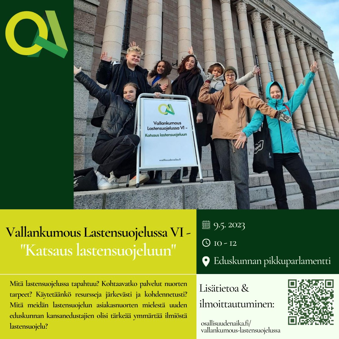 Vuosittainen Vallankumous lastensuojelussa -tapahtuma tulee taas! Tapahtuma järjestetään Eduskunnan Pikkuparlamentissa 9.5.2023 klo 10-12.⁠ 

Lue lisää ja ilmoittaudu mukaan: osallisuudenaika.fi/vallankumous-l…

#VallankumousLastensuojelussa #KatsausLastensuojeluun