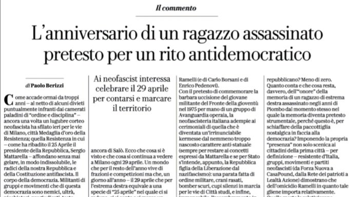 PBerizzi's tweet photo. L'anniversario di un ragazzo assassinato pretesto per un rito antidemocratico. Il mio commento al corteo nero e ai saluti romani per #SergioRamelli .
@repubblica @rep_milano https://t.co/eIVODOQM8E