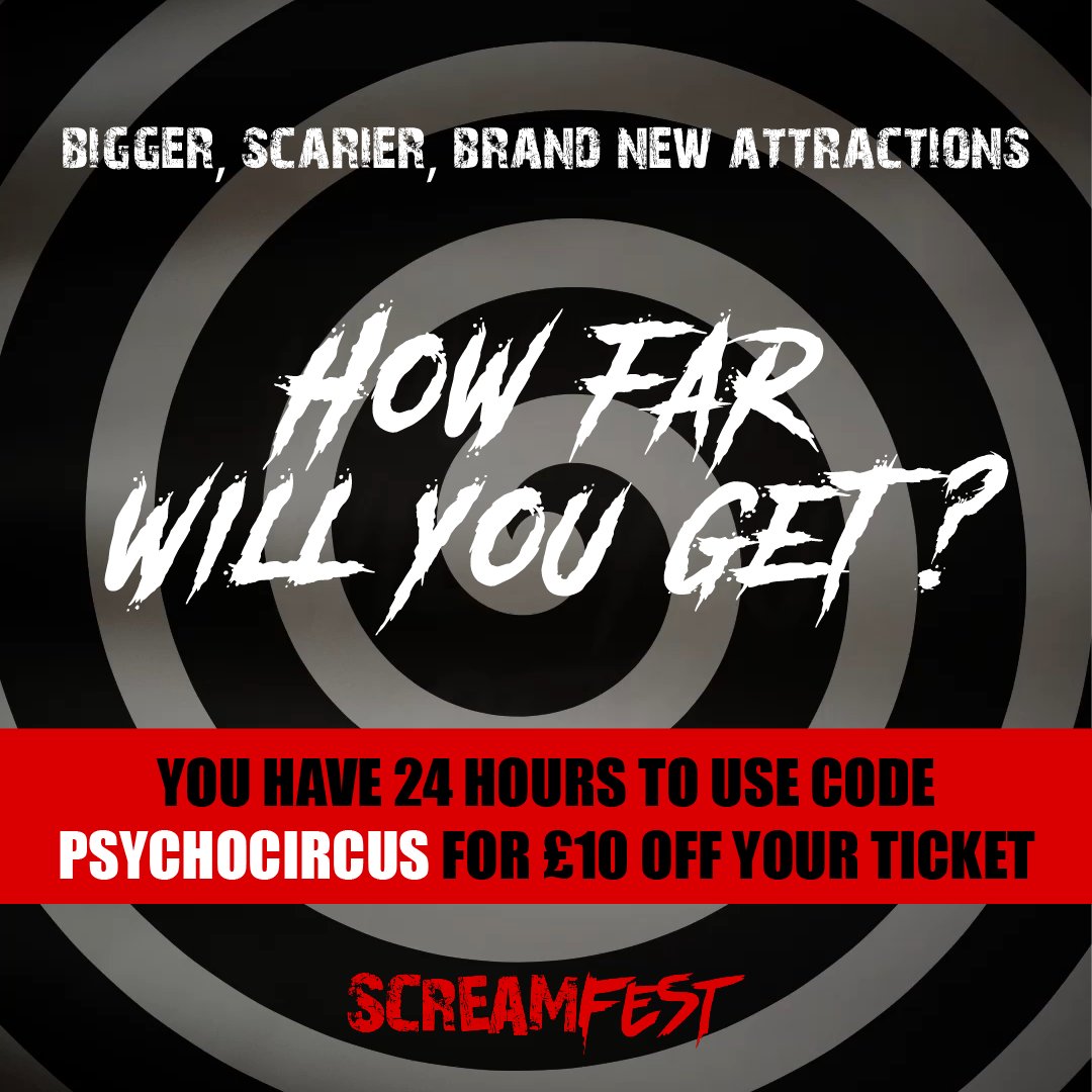ScreamfestUK's tweet photo. Eyes. On. Us. 🤡

Today marks #HalfwayToHalloween, and to celebrate we're offering you a chance to get your #Screamfest ticket early with £10 off using code PYSCHOCIRCUS 👏: https://t.co/IjjVq79RGf

Screamfest 2023 — how far will you go 😱.

#Halloween #ScareAttraction https://t.co/f25WCA3i1P