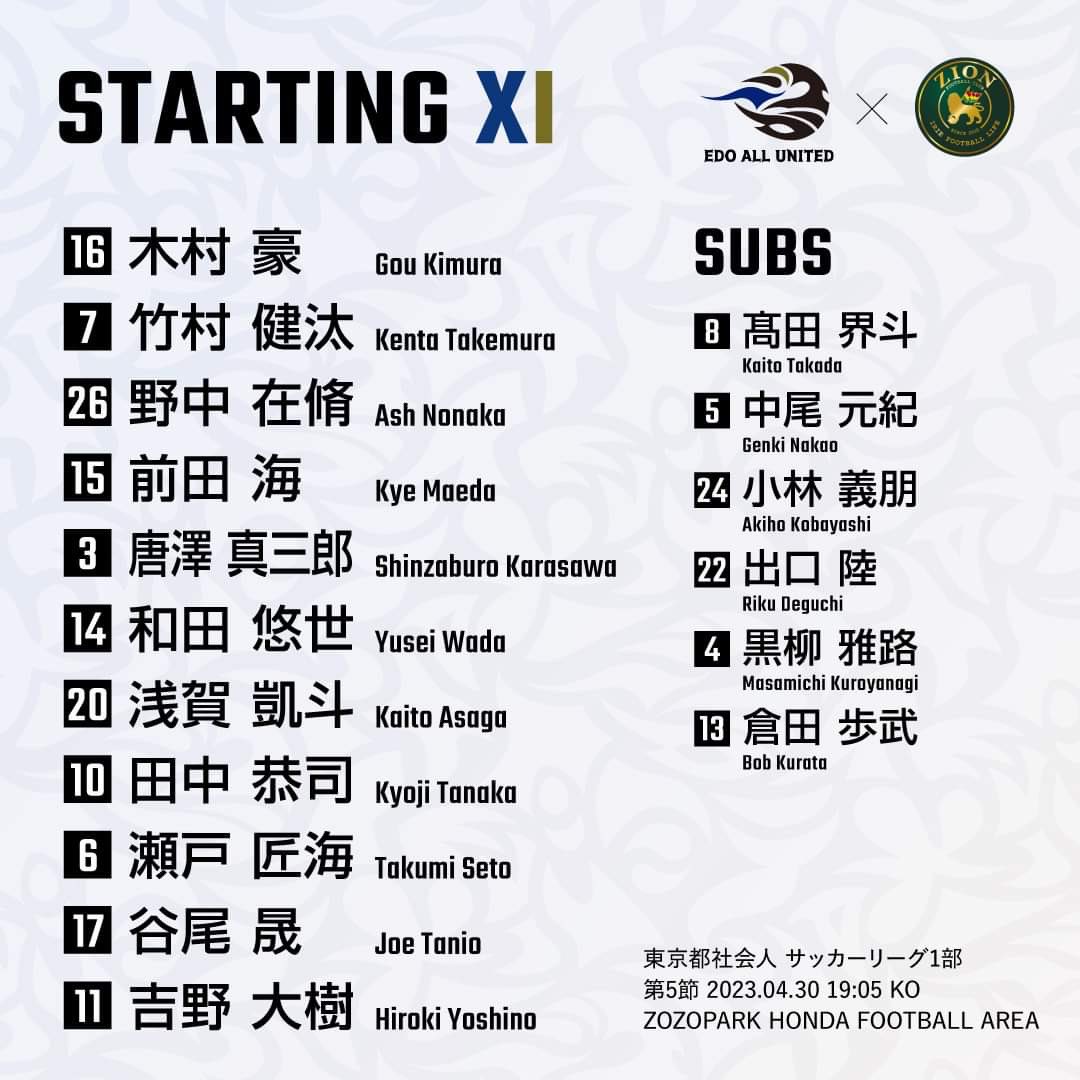 EdoAllUnited's tweet photo. ⚪️MATCH DAY⚫️ 

🏆 東京都社会人1部リーグ 【第5節】

🆚 #ZIONFC
📆 4/30 (日)
⏰ 19:05 ～
🏟 ZOZOPARK HONDA FOOTBALL AREA

～今季初のホームゲーム～
皆さま是非！現地集結・LIVE視聴、熱い声援をお願いします！
#入場無料
#EDOALLUNITED https://t.co/7Y3Qmmw1dP