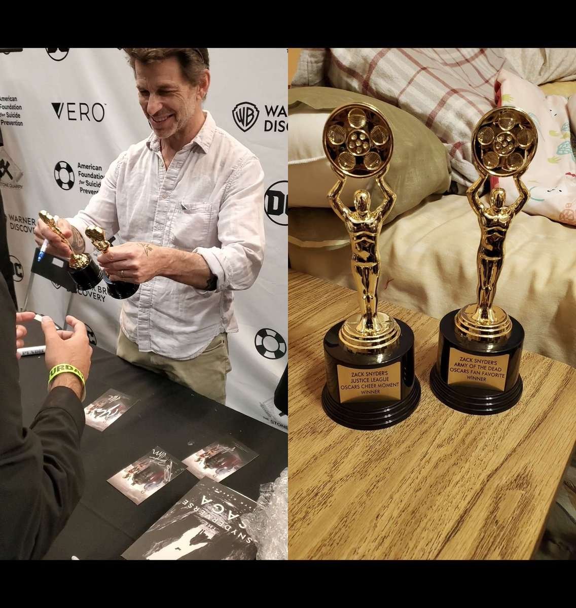 Felt it would be fitting to give these two fan awards to Zack at a fan convention as a fan myself. 
#OscarsCheerMoment
#OscarsFanFavorite 
#SnyderCon #FullCircle
#RestoreTheSnyderVerse
#SellSnyderVerseToNetflix
Wish I got a pic of Zack posing with them but security was rushing.