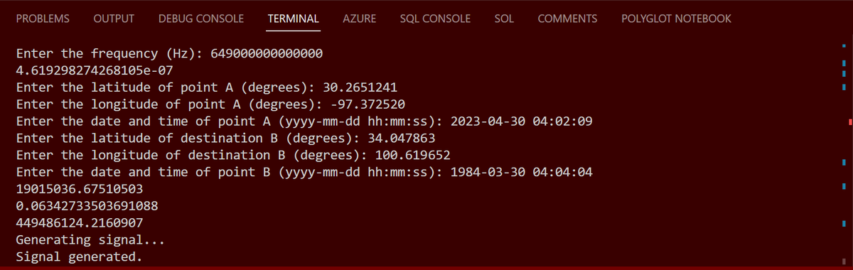 RIGHTCOIN23's tweet photo. "Just calculated the time it would take a signal to travel from point A to B at a frequency of 649 THz using Python! The distance is over 19 million meters and the signal would take only 0.06 seconds to travel. #python #signals #science" https://t.co/x86QllMQud