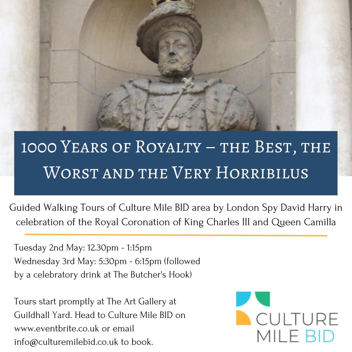Culture Mile (@culturemilebid) on Twitter photo Join us for Guided Walking Tours of the Culture Mile BID by London Spy David Harry to celebrate the Coronation๐ 
๐ Tues 2 May 12.30-1.15pm
๐ Wed 3 May 5.30-6.15pm 
๐ Starts The Art Gallery at Guildhall Yard 
Book now๐ 
bit.ly/3AvKB2c Join us for Guided Walking Tours of the Culture Mile BID by London Spy David Harry to celebrate the Coronation๐ 
๐ Tues 2 May 12.30-1.15pm
๐ Wed 3 May 5.30-6.15pm 
๐ Starts The Art Gallery at Guildhall Yard 
Book now๐ 
bit.ly/3AvKB2c