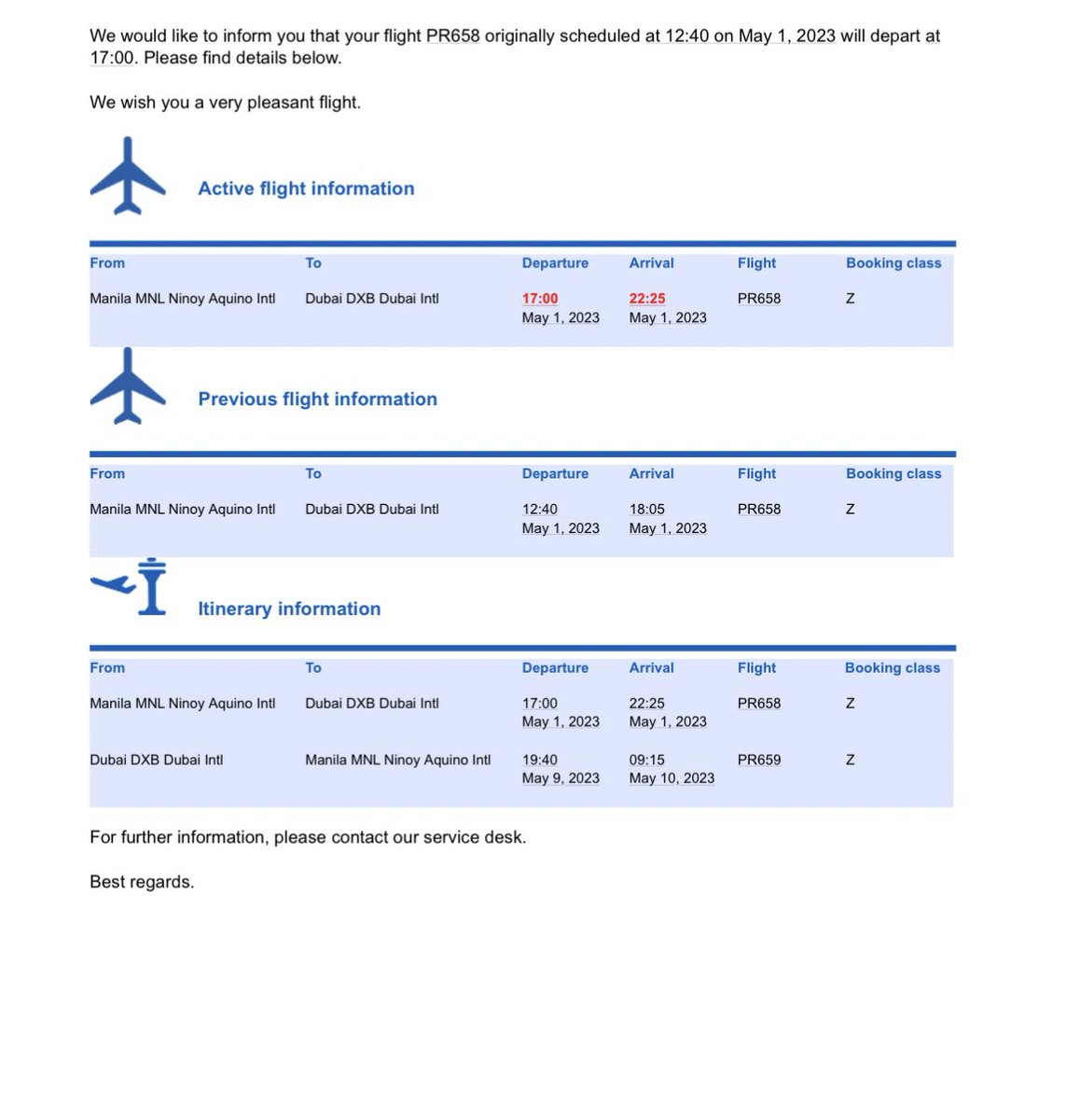 chichitullao's tweet photo. Hi @flyPAL please advise reason for delay for tomorrow’s flight MNL - DXB. 

I got an email advising the flight is moved to 5:00 PM. But when I checked schedules, flights are still on schedule at 2:30 pm. Been trying to get hold of your customer service. Hope you can respond ASAP https://t.co/ZRaENmcFBN