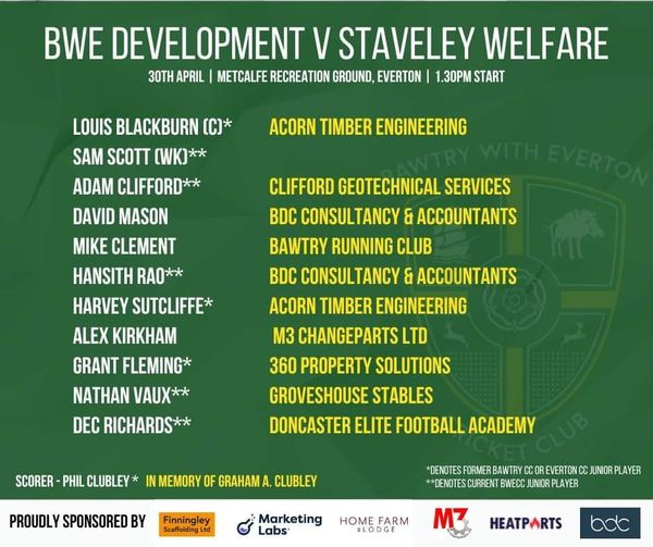 A reminder of today's fixture:
📅Development XI v @StaveleyWelfare 
📍Metcalfe Recreation Ground
⏰13.30pm
🦮No thank you ☹️
🏏Nip down and watch Louis' army in action
