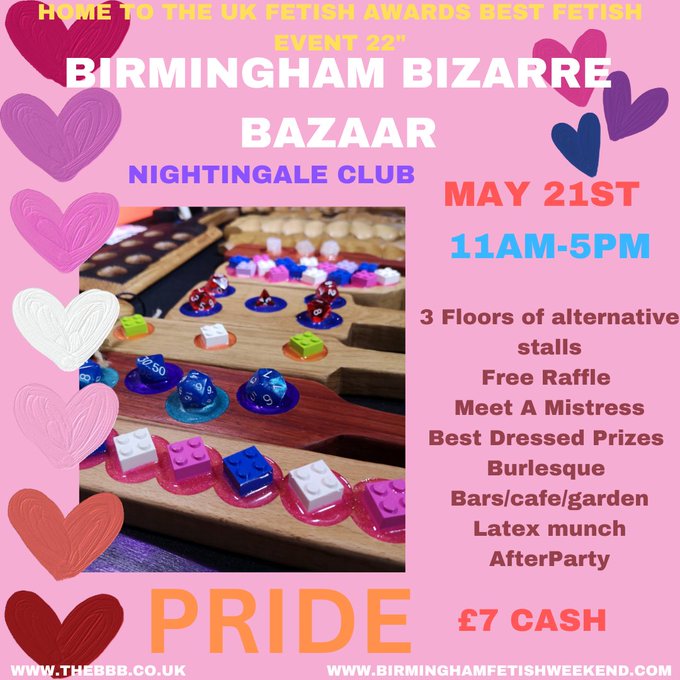 🖤BBB MAY 21st🖤
💃PRIDE
🛍️ 3 Floors of alternative stalls
🏆 Free Raffle 
🔥 Meet A Mistress
🏆 Best Dressed