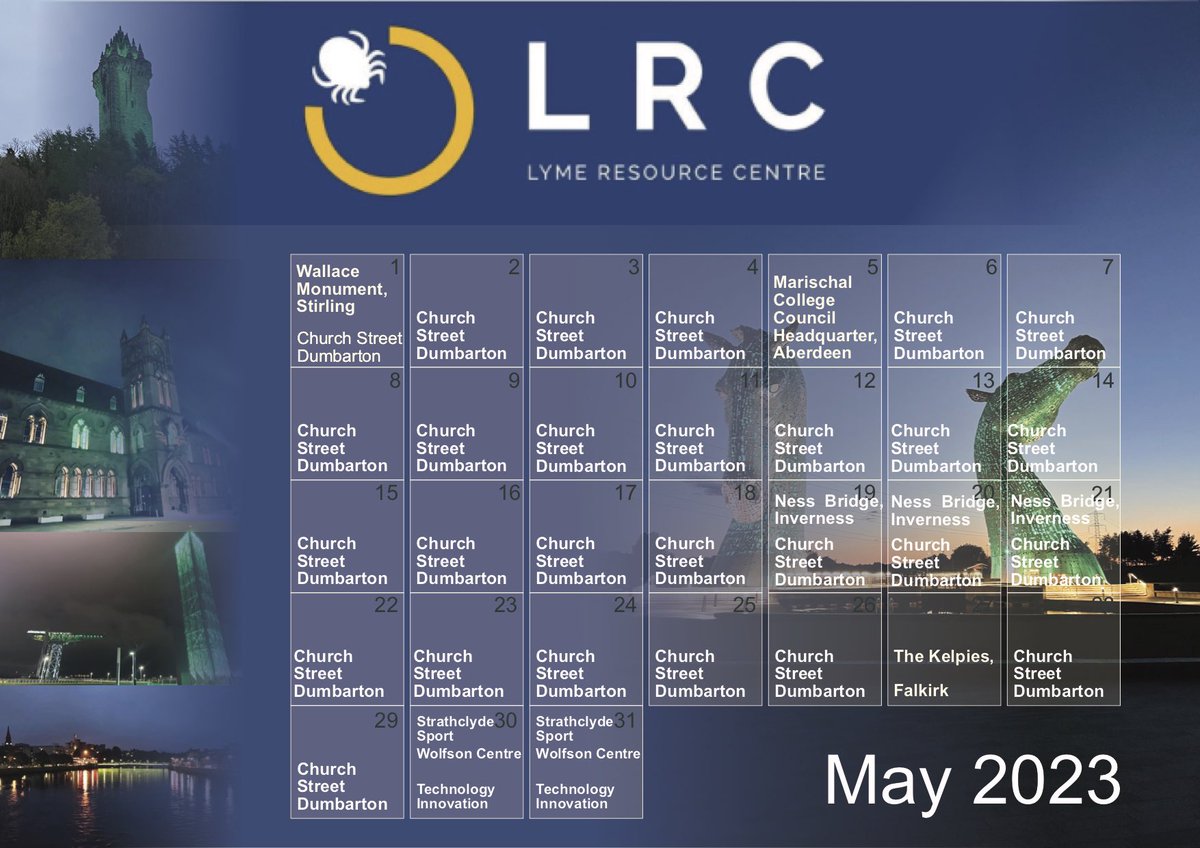LymeResourceCtr's tweet photo. Thank you to all these stunning landmarks supporting the #LightUpForLyme campaign as part of #LymeDiseaseAwarenessMonth throughout May!

@TheWallaceMon 
@WDCouncil 
@AberdeenCC 
@HighlandCouncil
@HelixFalkirk
@scottishcanals
@UniStrathclyde

🙌💚 https://t.co/U6cHwMwiwu