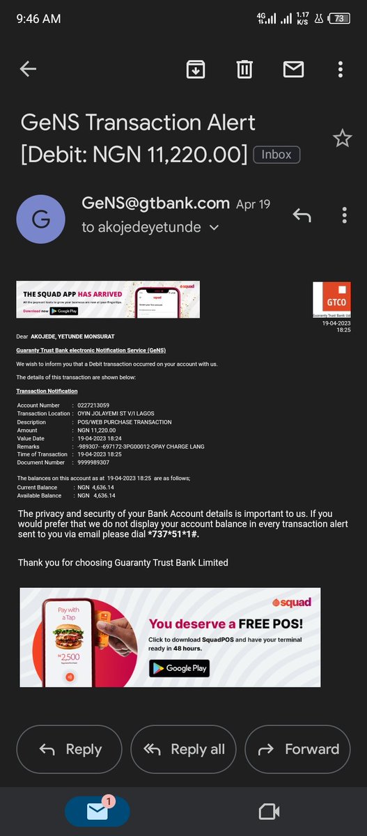 ONikinyo's tweet photo. Dear @gtbank 
I notice a Deduction of 11,220 was done on my acct  0227213059 on Wed 19/04/23 without my permission.
Please can I get a breakdown/ details of the transaction 
Kindly find attach transaction alert
@gtbank_help @cenbank @officialEFCC @NDICNigeria https://t.co/OHJKWGiG81