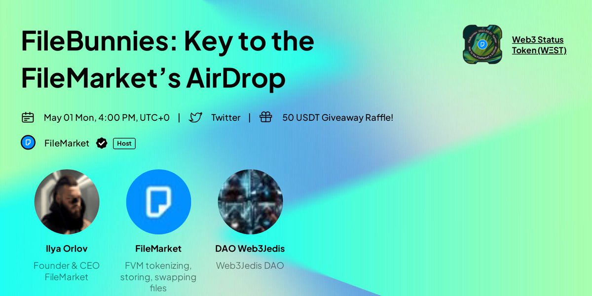 FileMarketAI's tweet photo. FileBunnies: Key to the FileMarket’s #AirDrop

🎁 50 USDT #Giveaway
📂 Follow @UnderKong @FileMarket_xyz @Web3Jedis
📂 Like &amp; Retweet
📂 Ask us a question 💙

⏰ May 1, Mon, 06:00 PM UTC+2

⬇️ Join &amp; claim the special #W3ST!
🔗 https://t.co/uFA5xzaJoo https://t.co/rB9L2qLR2J