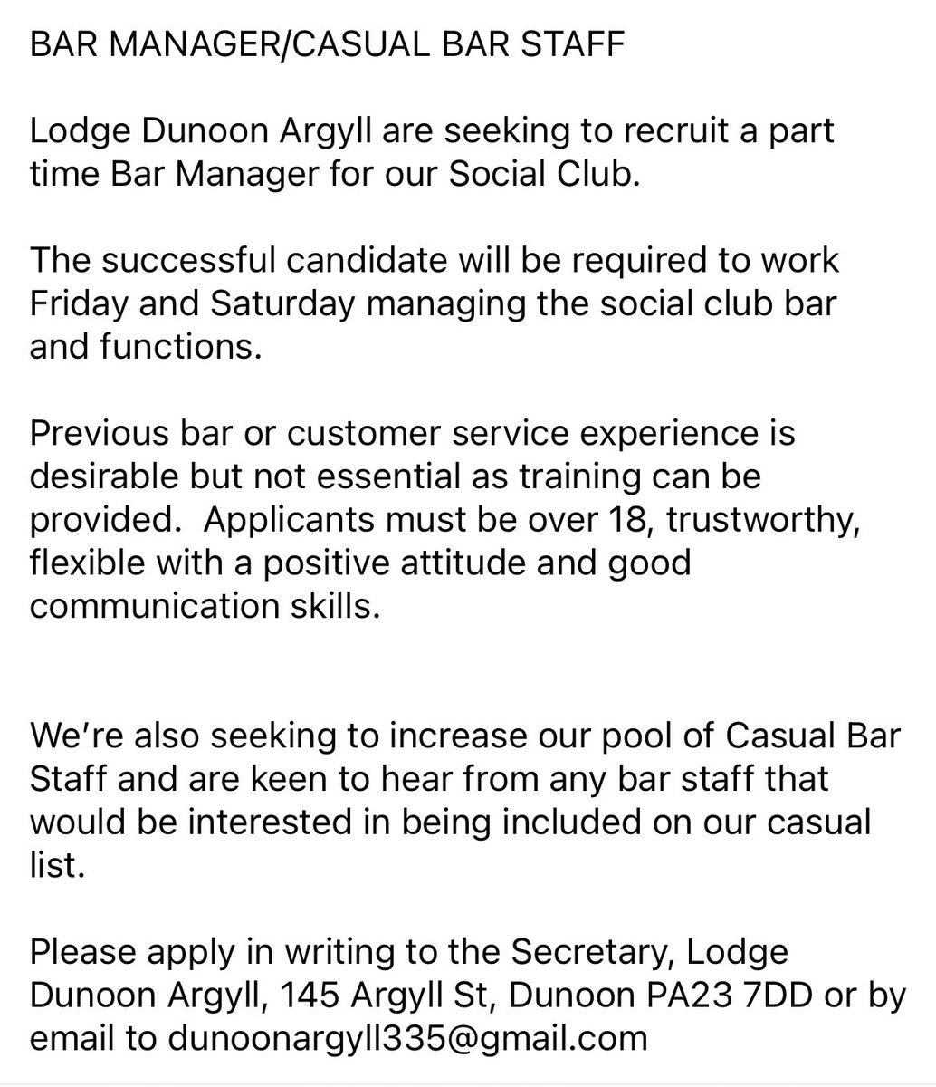 We’re looking for staff to work in our social club. Please click image to see full advert.

#jobvacancy #staffwanted #Dunoon