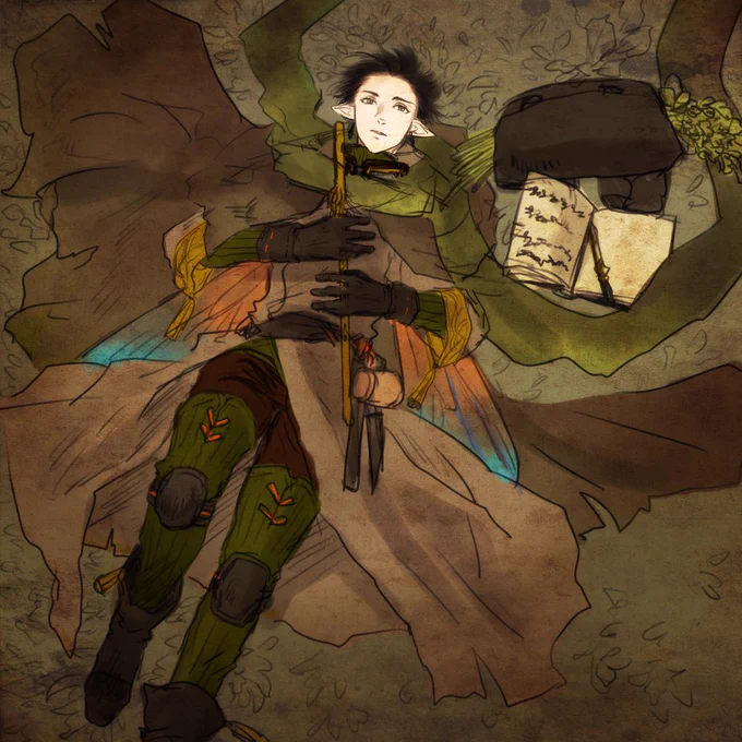 Q.烏丸の描く有翅種って妖精なの? A.結構普通に人  亜人っぽいポイントは耳と翅。自然のエネルギーを翅を介して受け取っていて、内臓への依存度が低い。その分、両翅落とされると高確率で死亡するし、自分の翅の特性とかみ合わない環境だと弱ってしまう。  身長や寿命は汎人種とあまり変わらない。