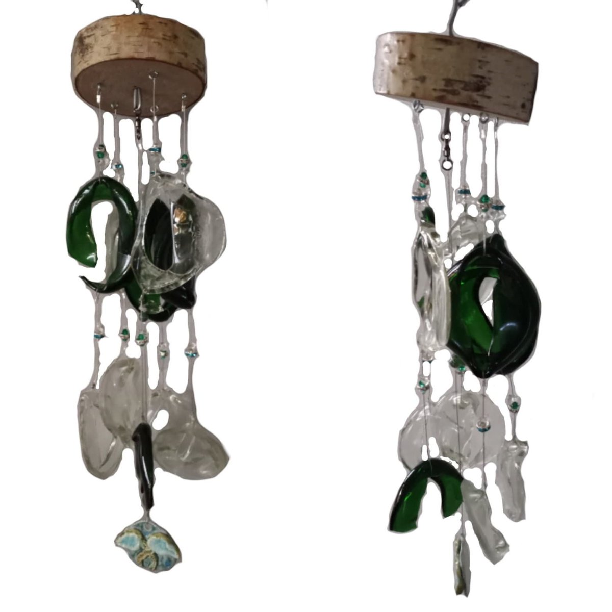 Green Bottle Windchime fused glass Mobile Chime tuppu.net/1f72940f #madeincanada #GaiasSacredCreations #Etsy #pottery #handmade #SeaBottle