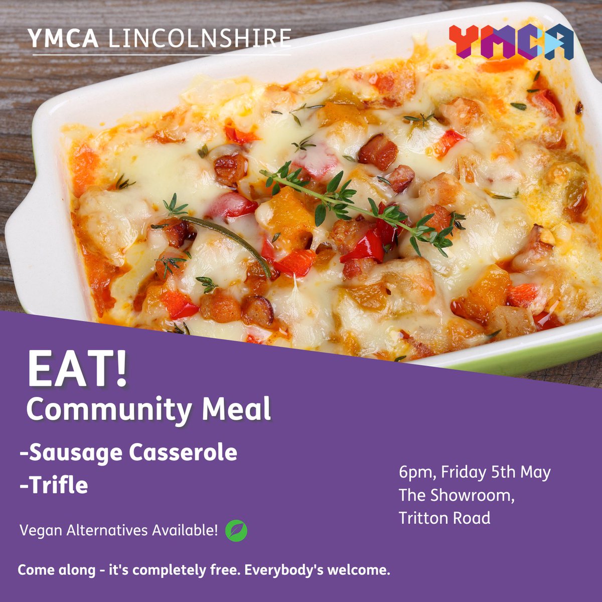 Our free Community Meal, EAT, returns on 5th May at The Showroom!

We will be serving:
- Sausage Casserole
- Trifle

(Vegan alternatives available)

Come along with family, friends and neighbours - Everybody's welcome!