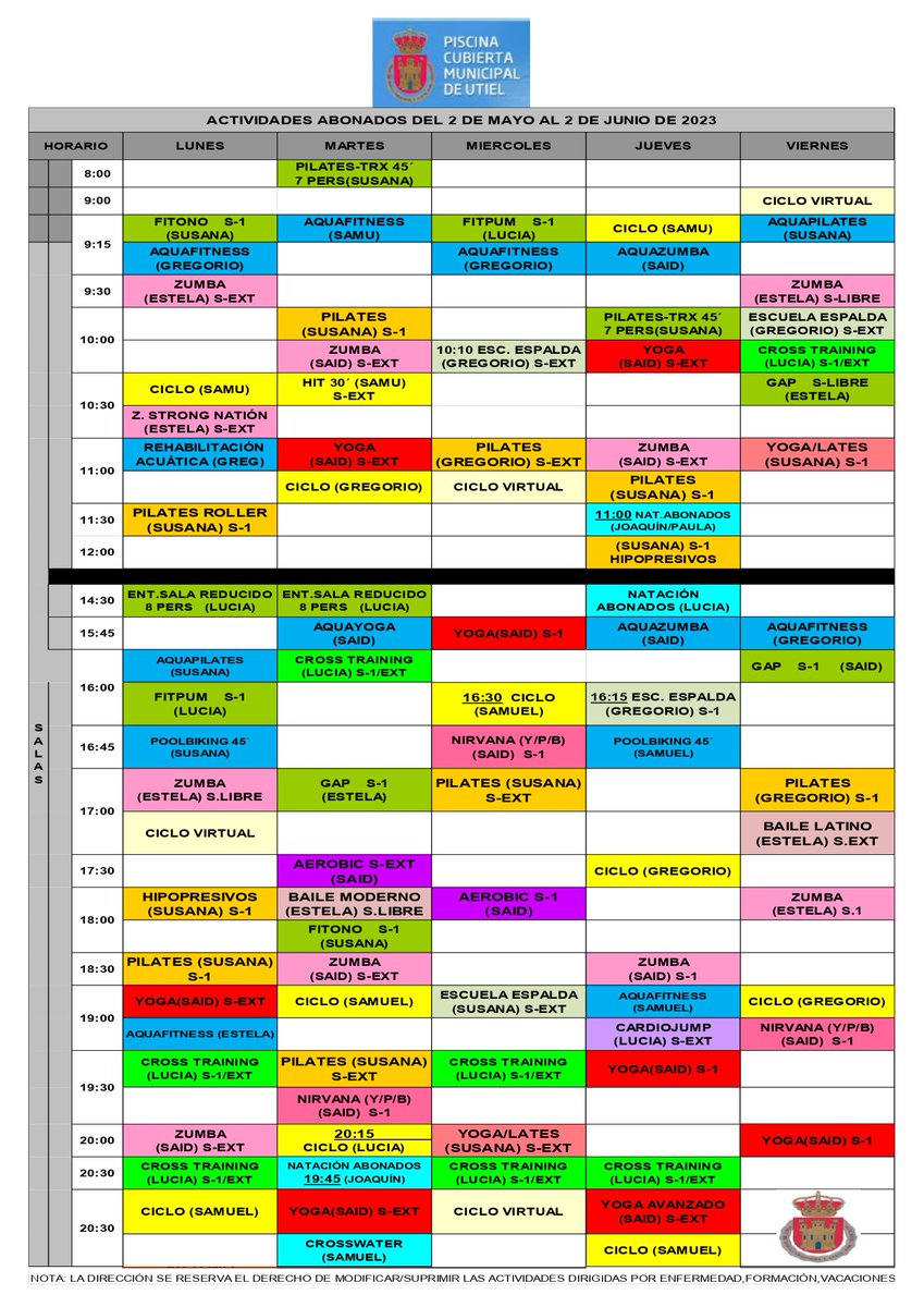 PiscinaMuUtiel's tweet photo. 👉 𝗛𝗢𝗥𝗔𝗥𝗜𝗢 Actividades Dirigidas (seco) A partir del 2 de mayo 
📣 𝗣𝗥𝗢𝗠𝗢𝗖𝗜Ó𝗡 #Primavera-#Verano 🌻- 🌞 Abona mayo y junio, y la matrícula te sale 💯% GRATIS.
⚠ Consulta en recepción o llama 960 262 262 o por #WhatsApp al  671 048 830. 

 #utiel https://t.co/bQPrYMehii