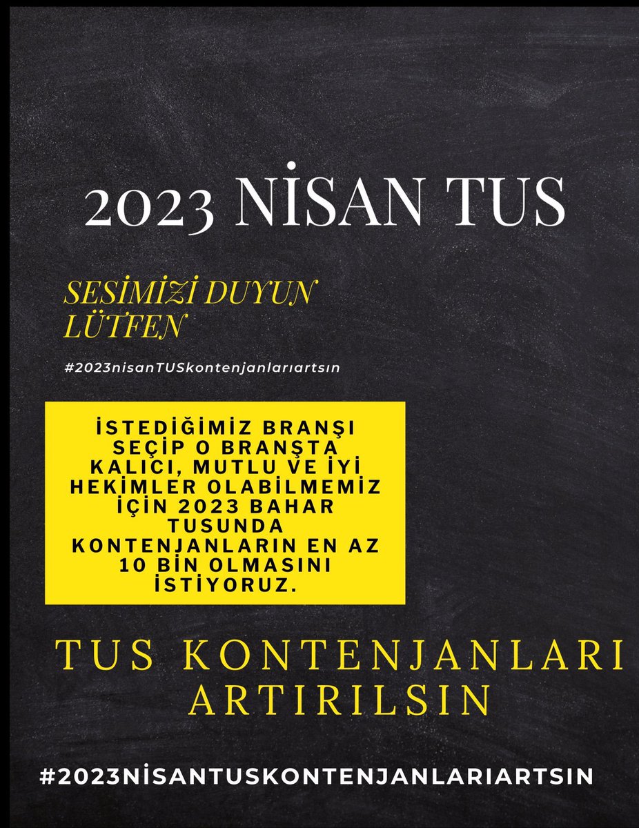 #nisan2023TUSkontenjanlarıartsın <a href="/drfahrettinkoca/">Dr. Fahrettin Koca</a> <a href="/saglikbakanligi/">T.C. Sağlık Bakanlığı</a> <a href="/OSYMbaskanligi/">ÖSYM</a> <a href="/SbhttnAydin/">Sabahattin Aydın</a> <a href="/DrYerebakan/">Dr. Halit Yerebakan</a>  bahar tus kontenjanlarının en az 10bin olmasını talep ediyoruz ve bekliyoruz