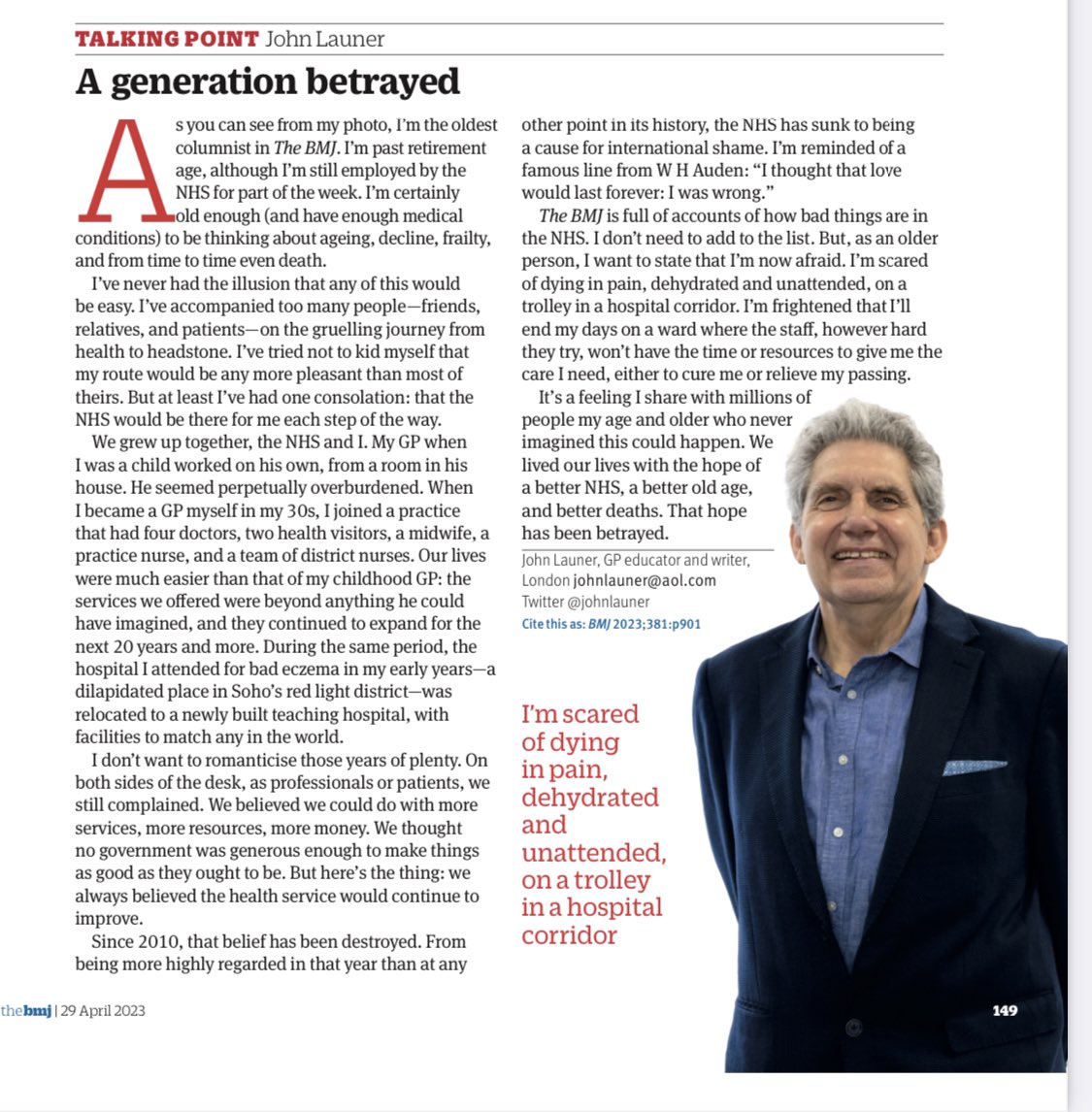 Wow. That’s a powerful piece.

@JohnLauner on ageing, the NHS and the fear that the safety net now has too many holes in it to give us the reassurance we all need when it comes to our health and care.

A generation betrayed. So so sad.

In this week’s <a href="/bmj_latest/">The BMJ</a>.