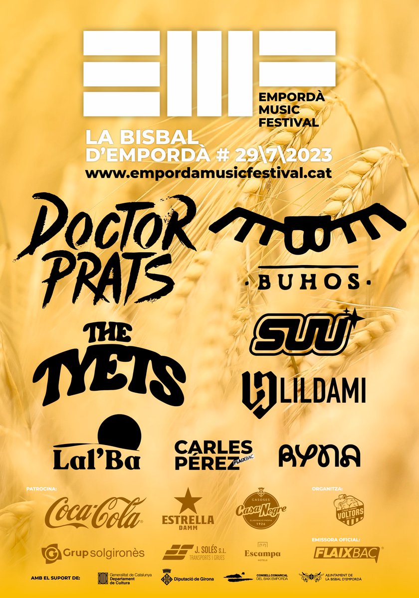 empordamusicf's tweet photo. EMPORDÀ MUSIC FESTIVAL el dissabte 29 de Juliol a La Bisbal d’Empordà amb @thetyets @buhosoficial @doctorprats @Lildamiboi @suu_musica @lalbamusic @rynaselect @Carles_Perez_ @flaixbacoficial https://t.co/o7z7OrxNDR