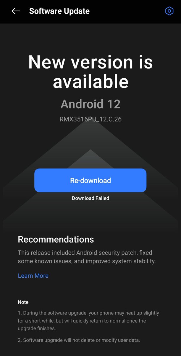IndianFirstly's tweet photo. New software update in Realme Narzo 50A Prime RMX3516PU_12.C.26 showing in phone nearly two days. But update is neither downloading nor re-downloading. Neither with WIFI nor wid mobile data. It's stuck in notification panel. Is there any solution to this situation? @realmenarzoIN https://t.co/Bryd8bg4Pu