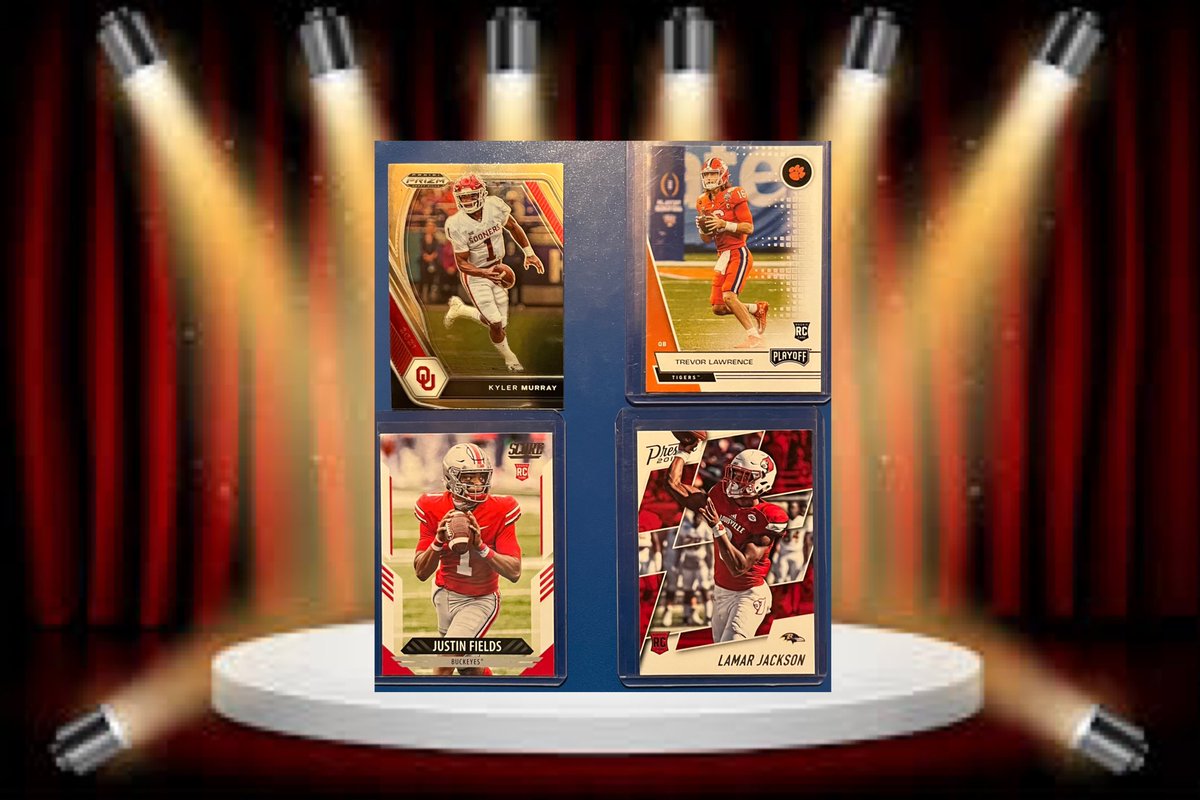 SprtsCrdsWildin's tweet photo. SHOWCASE: In honor of the NFL Draft taking place this week, today’s showcase features some of the NFL’s young star Quarterbacks in their college uniforms. The cards pictured includes Kyler Murray, Trevor Lawrence, Justin Fields, and Lamar Jackson, all of which are rookie cards! https://t.co/xsaXN32jHo