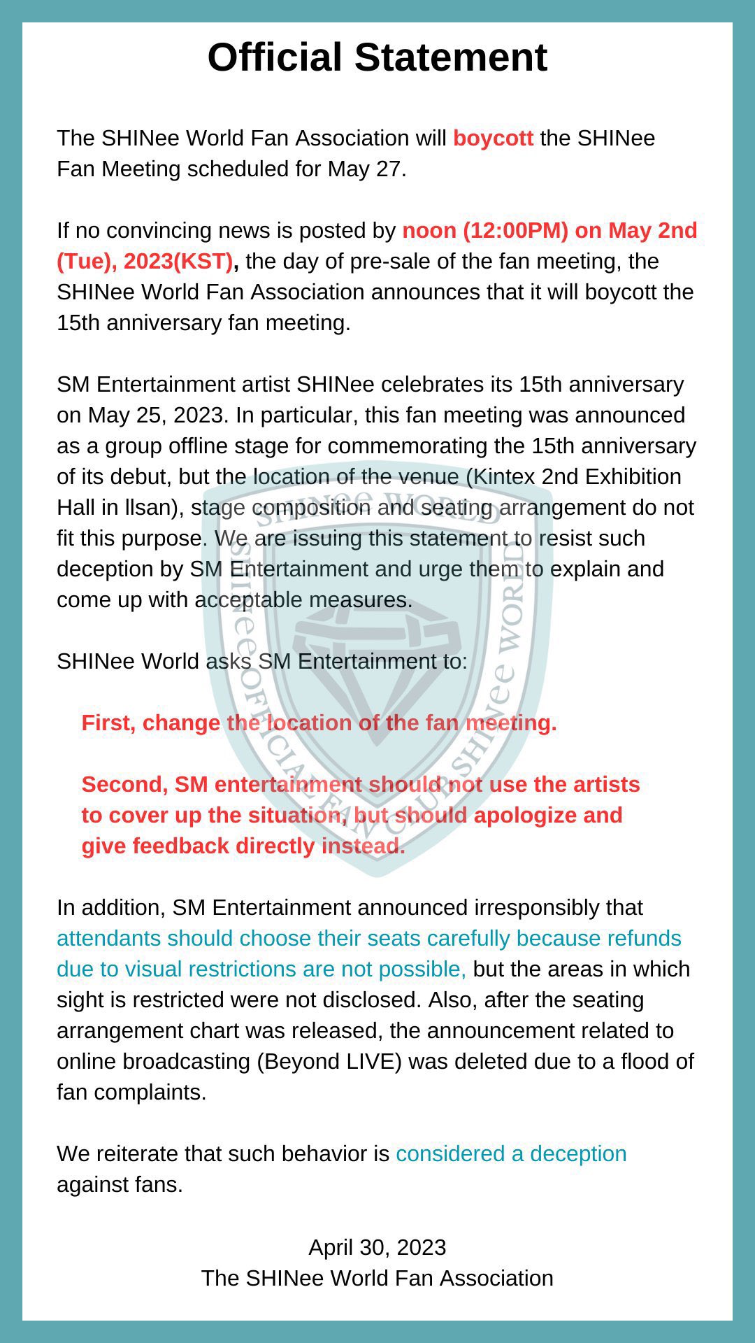 Taemlover❤️짝궁 on Twitter: "review all the decisions you have made regarding  this @SHINee fan meeting and listen to these demands of the fans  @SMTOWNGLOBAL change fm location apologize and give feedback directly