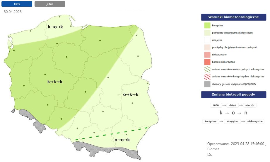 IMGWmeteo's tweet photo. Pogoda w Polsce będzie na ogół korzystnie wpływać na organizm człowieka. Obojętne warunki biometeorologiczne występować będą głównie początkowo na wschodzie i południowym wschodzie, a także okresami w ciągu dnia w pasie nadmorskim.
#IMGW https://t.co/nK0DAGuVVn