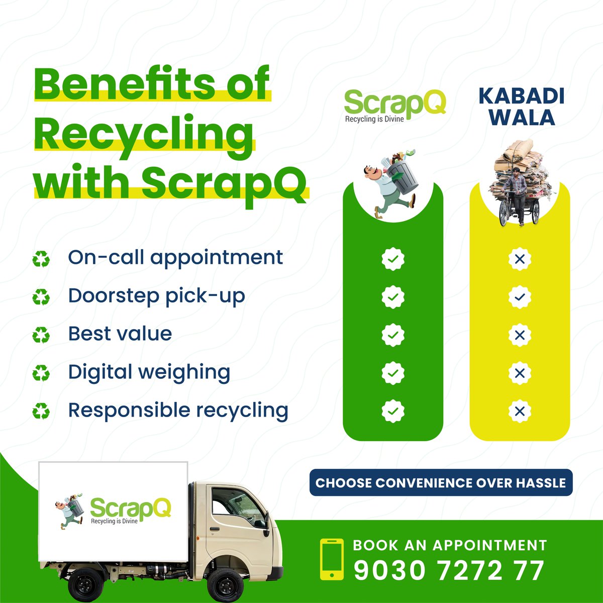 ScrapQ_recycle's tweet photo. Sell your recyclables hassle-free with ScrapQ! ✅

No more waiting for weekends or kabadiwalas. Our team of professionals offers free pick-up, the best prices, and digital weighing - all from the comfort of your doorstep. 

Choose #ScrapQ #Recycle #Sustainability https://t.co/EcBplAKZ8Q