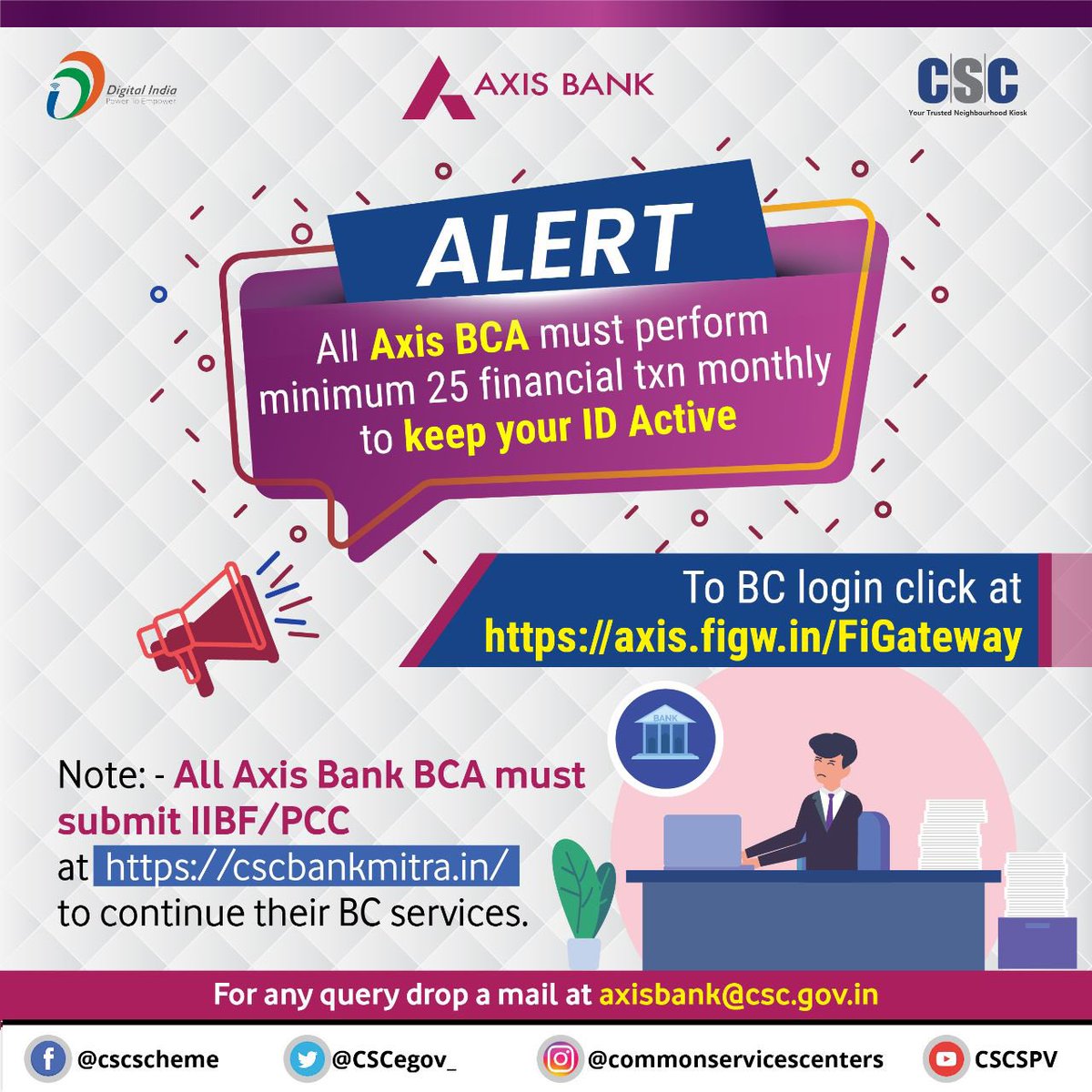 mr__mostakim's tweet photo. Alert! All Axis Bank BCs must perform minimum 25 financial transactions monthly to keep their ID active. 

All Axis Bank BCs must submit IIBF/PCC at https://t.co/e4cpNyp2BN to continue their BC services.   #digital #financial #money #assamcscvle  #BC #AxisBank #advisory https://t.co/yonCqTJGIL