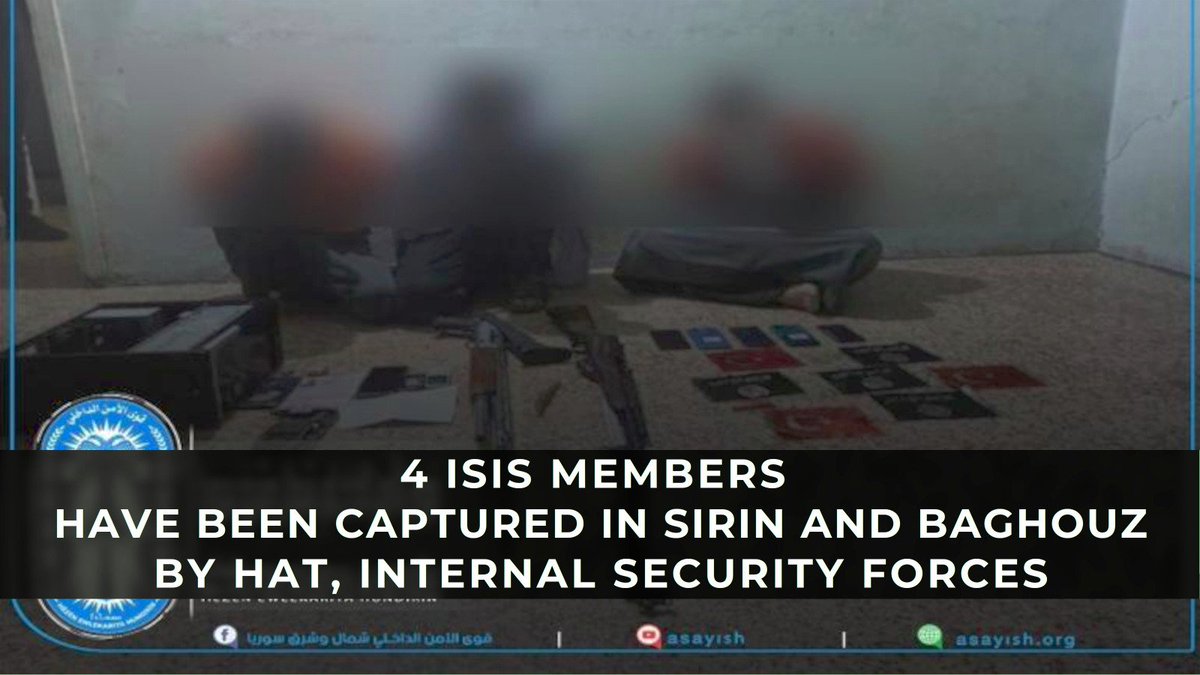 YPJ_Info's tweet image. ➡️ On April 28, the Anti Terror Forces HAT conducted an operation in NE #Syria
🔸 3 ISIS members were arrested in Sirin, one ISIS leader in Baghouz
🔸 SDF forces found #ISIS & #Turkey flags with them
➡️ ISIS still poses a major security threat to our region & the world