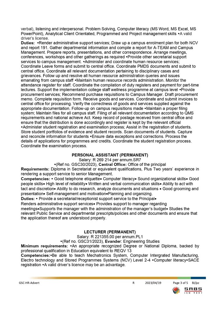 CarolBoitumelo1's tweet photo. We are looking for:

Education Specialist
Bursary Officer
Student Liason Officer: Academic
Campus Administrator
Personal Assistant
Lecturer
Supervisor Cleaning Service
Cleaner

Location : Gert Sibande TVET College

Closing date: 12 May 2023

Refer to pictures https://t.co/cLbVAUZzTH