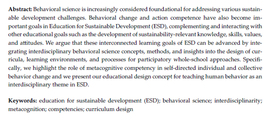 OpenEvoEd's tweet photo. We are very excited to share our new @Sus_MDPI article:

Behavioral Science and Education for Sustainable Development: Towards Metacognitive Competency

Our educational innovation research linking concepts of #Evolution #Behavior &amp; #Sustainability (#ESD)

https://t.co/62IeESVbWv https://t.co/xu8omiIVYw