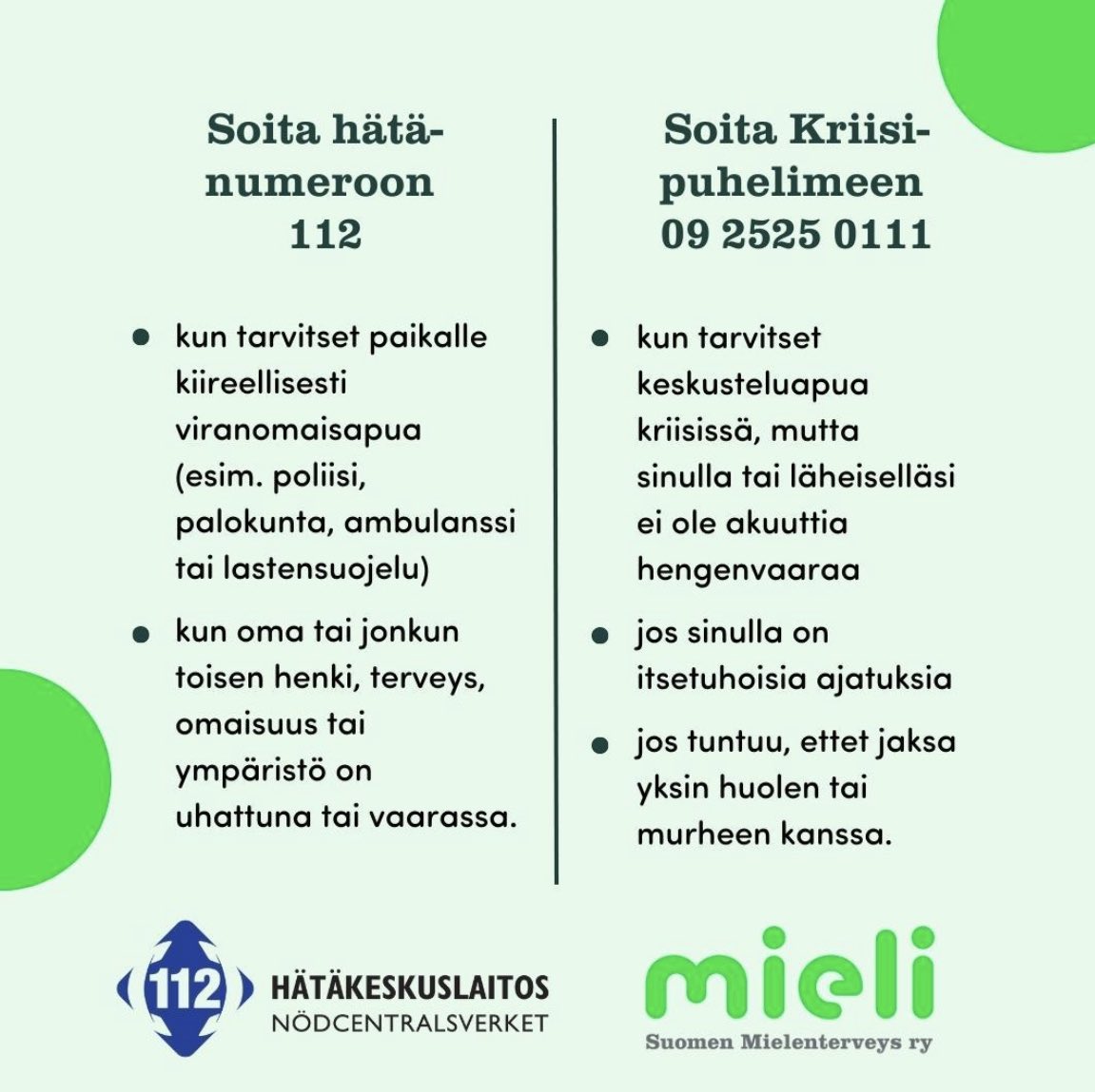 Kriisit eivät katso kelloa eivätkä tunne kalenteria. Siksi MIELI ry:n #Kriisipuhelin tarjoaa keskusteluapua aina. Kriisipuhelimessa päivystävät kriisityöntekijät ja koulutetut vapaaehtoiset.

Akuuteissa tilanteissa yhteys oman paikkakunnan päivystykseen tai soitto <a href="/112_Finland/">Hätäkeskuslaitos</a>