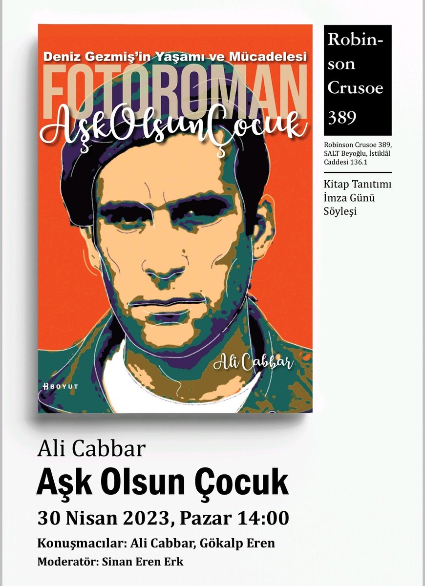 Aşk Olsun Çocuk kitap tanıtımı, imza günü ve söyleşi 30 Nisan 2023 Pazar günü saat 14:00'de Robinson Crusoe 389 Kitabevi'nde yapılacaktır. Sanat yazarı @sinanerenerk'in moderatörlüğünü yapacağı söyleşiye yazar #AliCabbar ve 68'li öğrenci liderlerinden #GökalpEren katılacak.