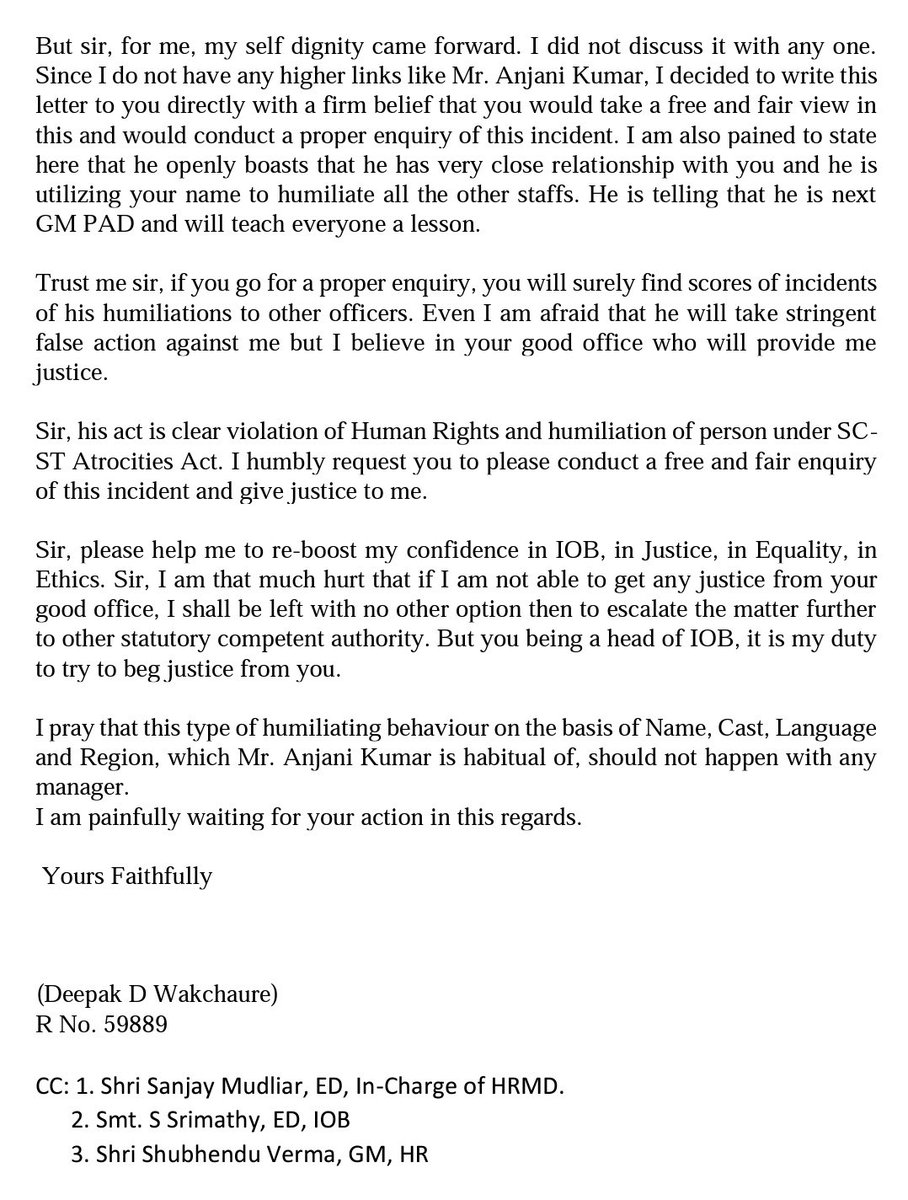 mahaprabandhak's tweet photo. Didn’t get enough time throughout the week days, but got outraged after reading this letter of Deepak Wakchaure of @IOBIndia. 

Officers like Anjani Kumar are jaundice of the Banking system. MD of the bank is in connivance. 

Can we expect @DFS_India for swift justice? https://t.co/5Cm7QW6eXu