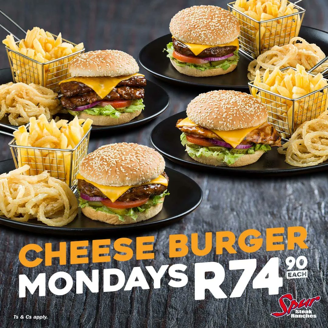 Kickstart your week at <a href="/SpurRestaurant/">Spur Steak Ranches</a>.
It’s time to get cheesy…
Cheese Burger Mondays

🍔 Choose between a single Beef, Rib, Soya or Chicken Burger with Spur-style crispy onion rings &amp; golden chips for only R74.90

Sit-down &amp; takeaway

#SpurUnrealWeekends #SpurSteakRanches