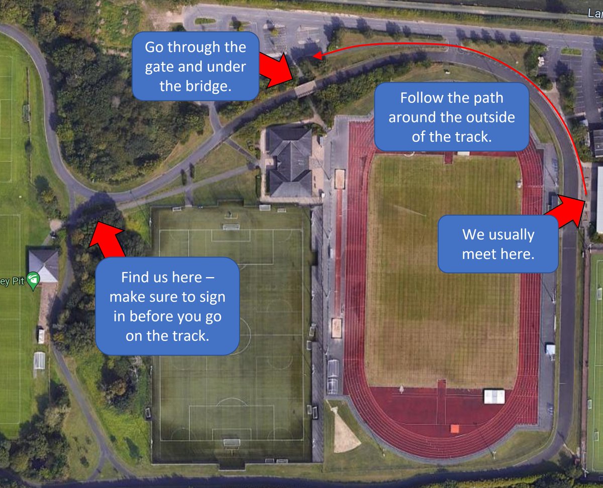 Due to building work going on at UCLan, we have a different meeting point for the start of the season.
From the usual track entrance: follow the path around the outside of the track, go through the gate and under the bridge and continue along the path to the cut through.