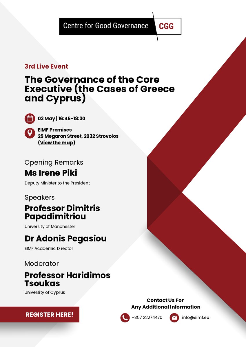 CGoodGovernance's tweet photo. On Wednesday 3 May 2023 we are hosting our 3rd Seminar titled: Governance at the Core Executive (@EIMF premises 16:45 - 18:30). Head of CGG @Adonis_Pegasiou was invited to speak on this @alphaenimerosi. Attached the details of the event. Register at https://t.co/T2RS5vgPIO https://t.co/9akxgq6PBH