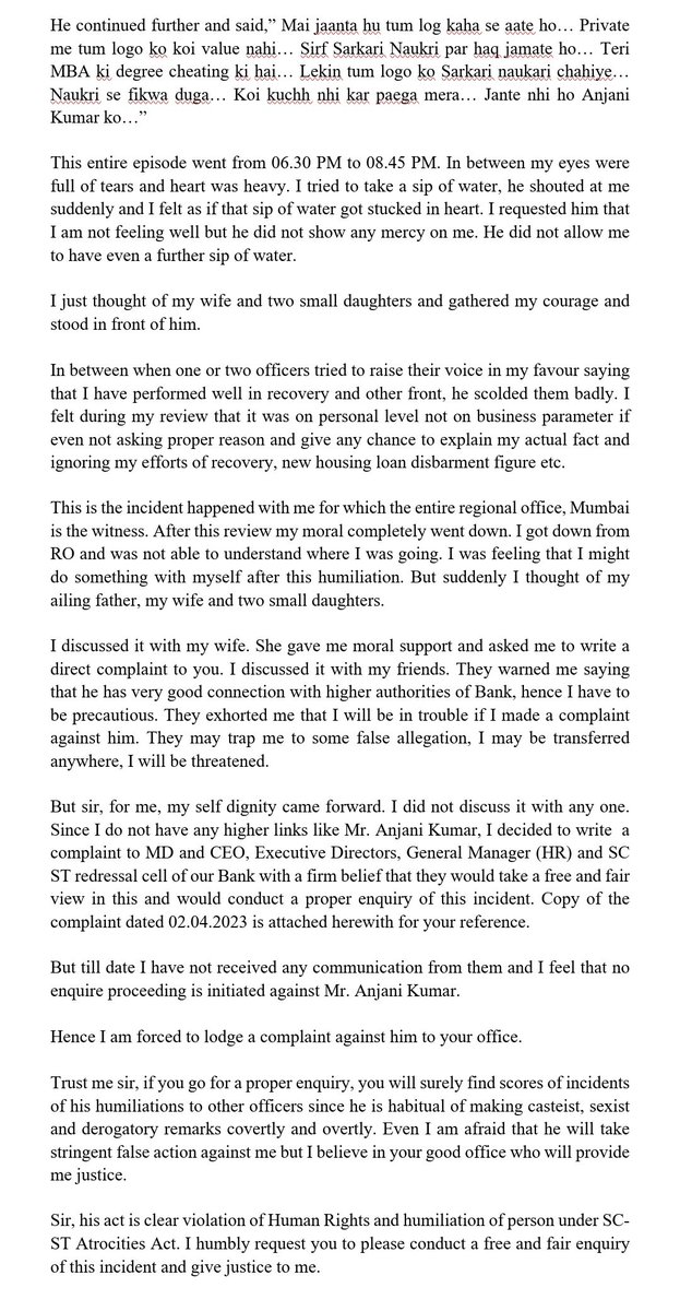 alashshukla's tweet photo. Hi @NCSC_GoI @ncsthq @SCSTForum @arunhalderbjp @NCM_GoI @MSJEGOI,

Manager Deepak has written a letter to your dept regarding complaint against Anjani Kumar of @IOBIndia.
Kindly intervene and act.

Bank is supporting CRM &amp; not listening to Deepak even after he raised it on 2nd. https://t.co/7ZpFKeMGLC