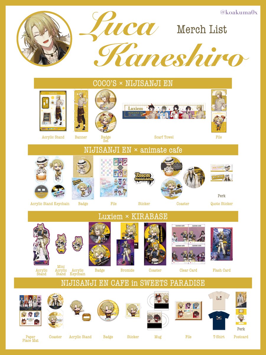 koakuma0x's tweet photo. Hello Lucubs!
I made a merch list so you can keep track on the goods that have been released so far and also keep a record

Please feel free to use!

#lucakaneshiro https://t.co/AbnMGwzvxQ