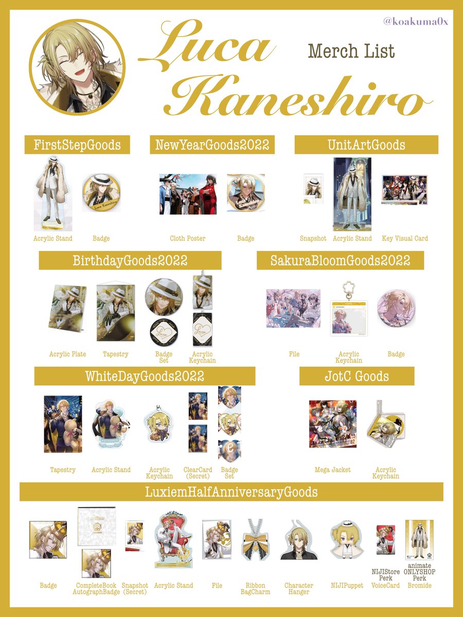 koakuma0x's tweet photo. Hello Lucubs!
I made a merch list so you can keep track on the goods that have been released so far and also keep a record

Please feel free to use!

#lucakaneshiro https://t.co/AbnMGwzvxQ