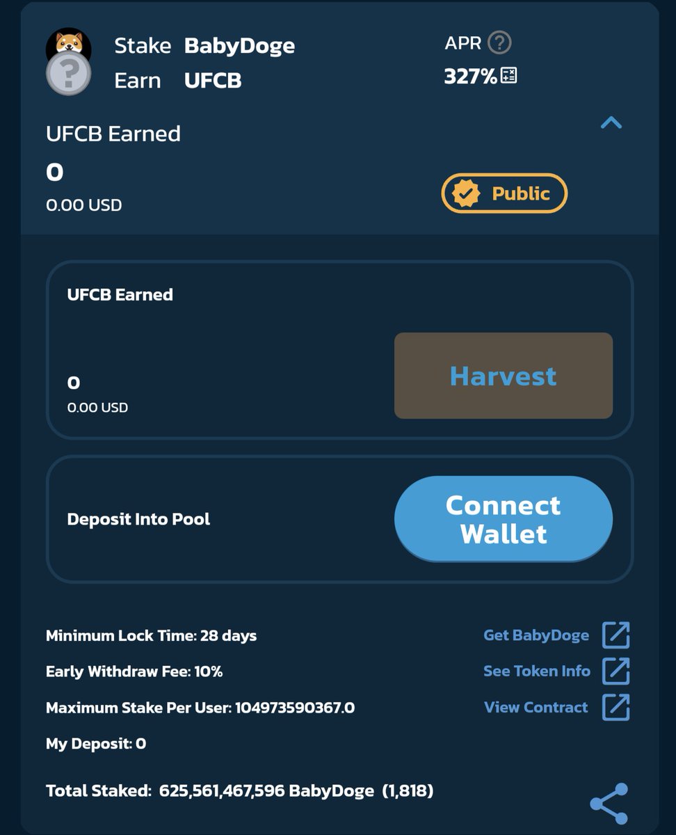 In less than 1 week we have well over $1800 #BABYDOGE staked in our pool <a href="/BabyDogeSwap/">Baby Doge Swap</a> and still sitting at 327% APR hoping to have this KYC'D as of next week we only just getting started!! <a href="/UfcBetstoken/">UFCBetsToken</a> #UFCB #BabyDogeSwap 

T.me/UfcBetsToken
