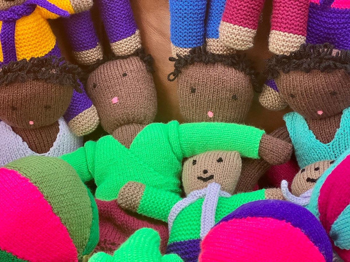 Just a few of the marvellous dolls knitted by a former paediatrician to support our ECD project in South Africa #babyboost #first1000days  . Off  to rural SA on Tuesday . Thanks @British_Airways  for extra baggage to give those kids a flying start