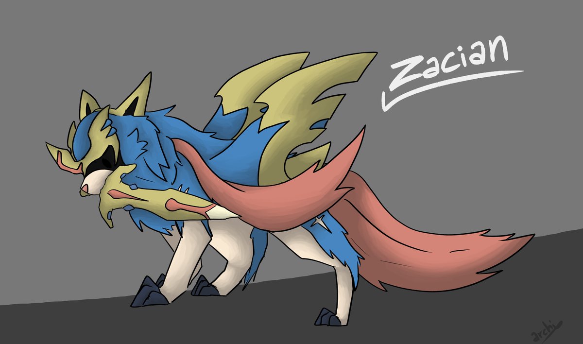 I drew Zacian the cute sword doggo. I kinda used my reference too late and now the wingy things are on the back instead of the neck... whoops x3