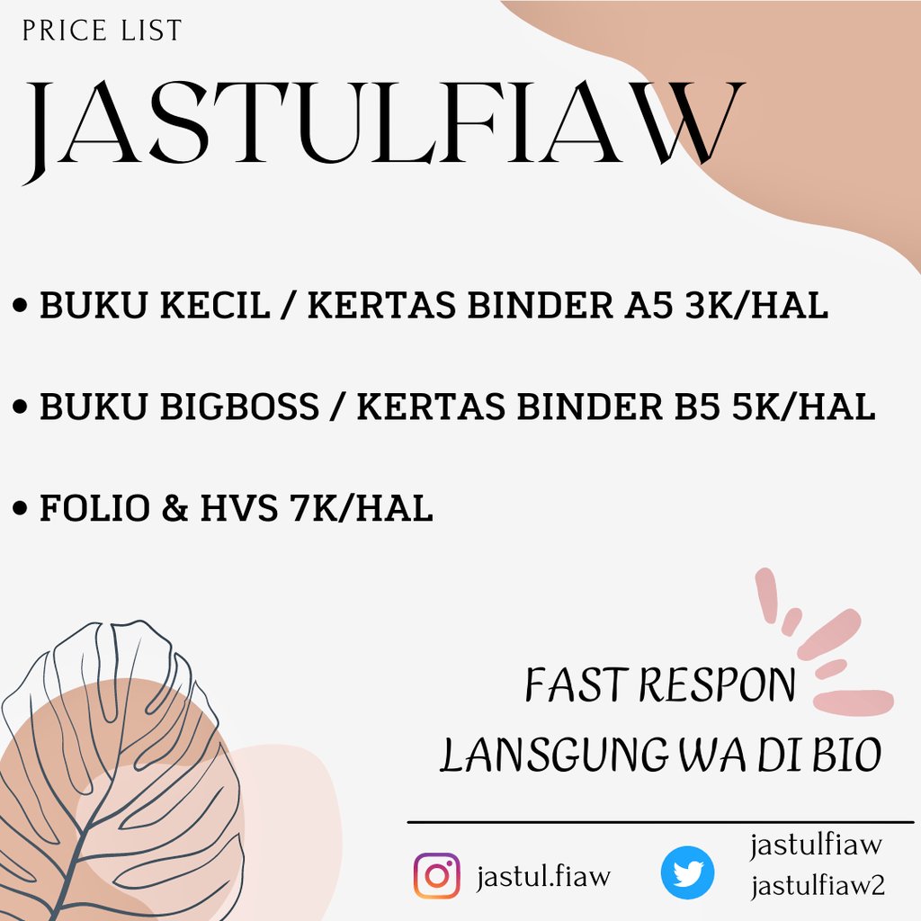 jastulfiaw2's tweet image. Siangg semuanyahhh!!!
kalian mager nulis/cape nulis?
Fia open jasa tulis tangan nii

Price List :
• Buku kecil/binder A5 : 3k/hal
• Buku bigboss/binder B5 : 5k/hal
• Folio/HVS : 7k/hal

Yuk yang butuh jasa tulis/jastul bisa wa langsung aja yeup di bio
#zonauang
