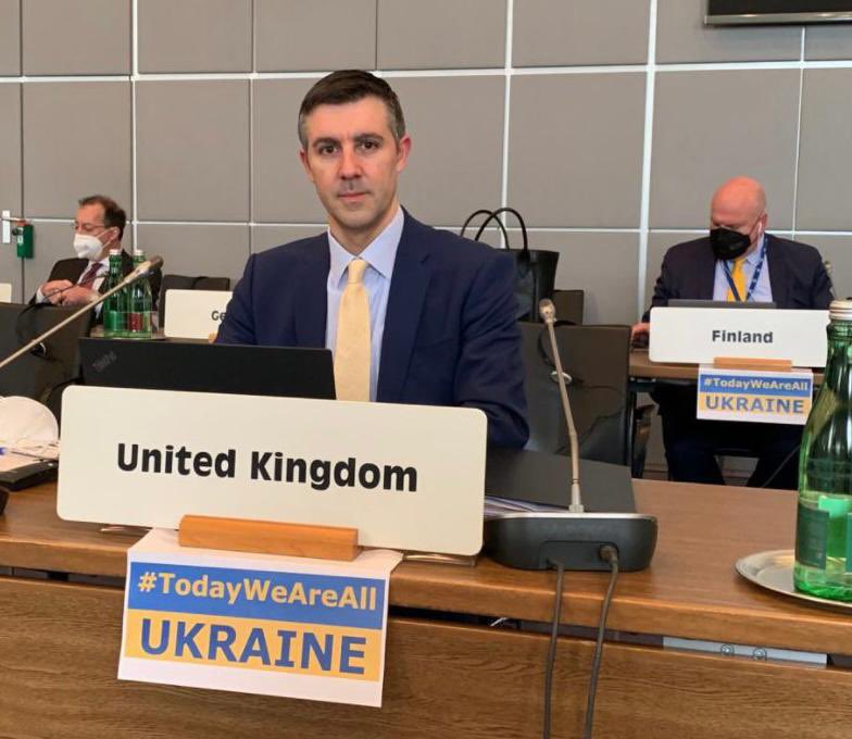 It has been an honour and a privilege to sit behind the 🇬🇧 name plaque at #OSCE during the last 4 years. Thank you to my fantastic delegation and to all my colleagues for your dedication and commitment and all those who #StandWithUkraine. Farewell Vienna.