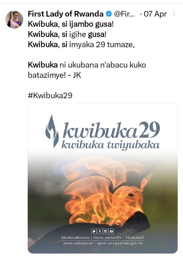 G_Umutesi's tweet photo. 30.04 1994- Ni undi munsi wanze kwira henshi!  
Ariko turiho turemye!!

"Kwibuka si ijambo gusa..."

Iri jambo ry'Umubyeyi uhoza nyamara nawe ashenguka, rihoze benshi! 
Murakabaho!

#Kwibuka29 https://t.co/WQcL1qtrmA