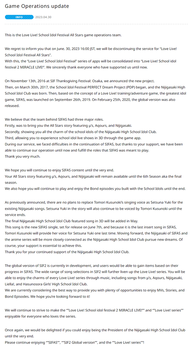 #SIFAS Important Notice! ⚠️

'Love Live! School Idol Festival All Stars' has announced End of Service on June 30 at 4pm JST!

Apr 30 at 3pm JST: End of Sales for Star Gems, Packs & All Stars Pass.

Thank you #LLAS for almost 4 years of memories! 😭

More details:…
